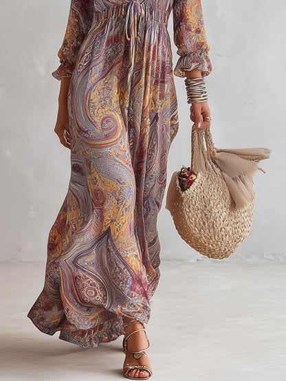Robe longue en mousseline à imprimé cachemire et décolleté en V