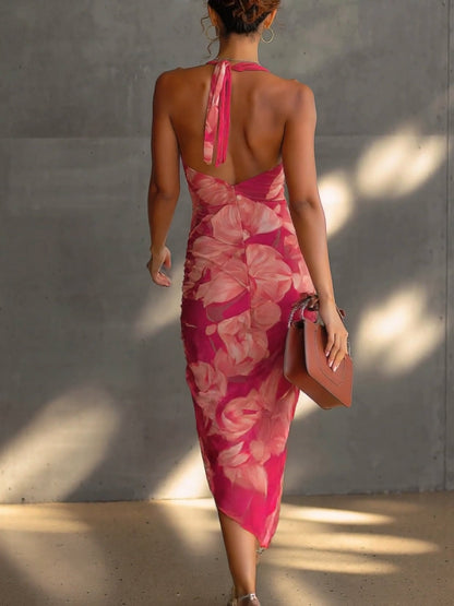 Robe moulante sans manches à imprimé floral fuchsia