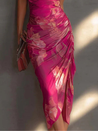 Robe moulante sans manches à imprimé floral fuchsia
