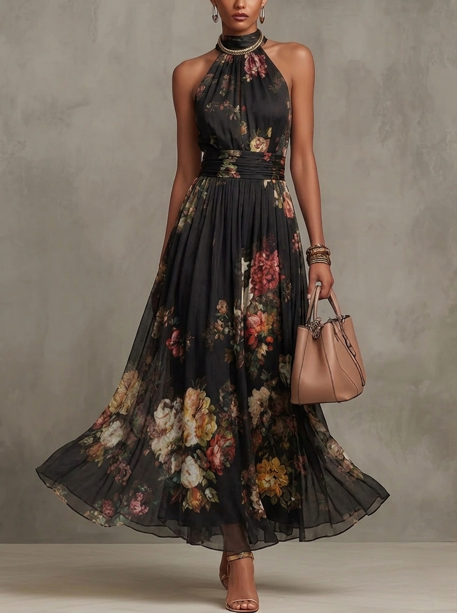 Robe longue en mousseline de soie noire à fleurs avec décolleté dos nu