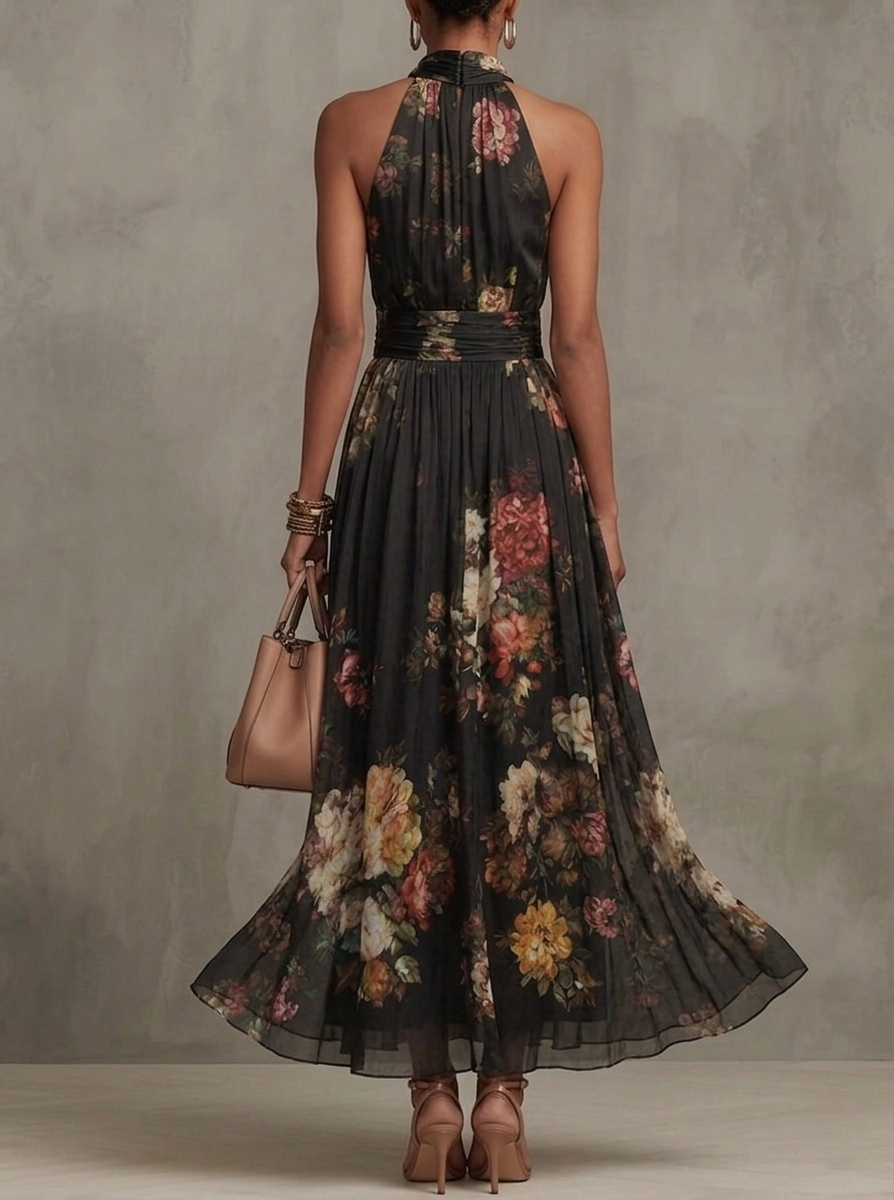 Robe longue en mousseline de soie noire à fleurs avec décolleté dos nu