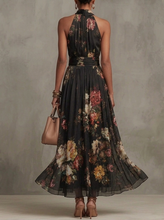 Robe longue en mousseline de soie noire à fleurs avec décolleté dos nu
