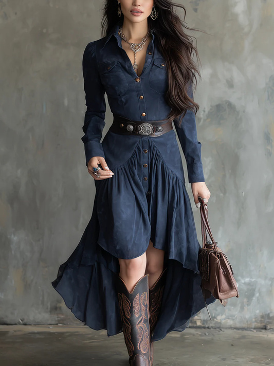 Robe midi fluide asymétrique à poche et col boutonné bleu rétro