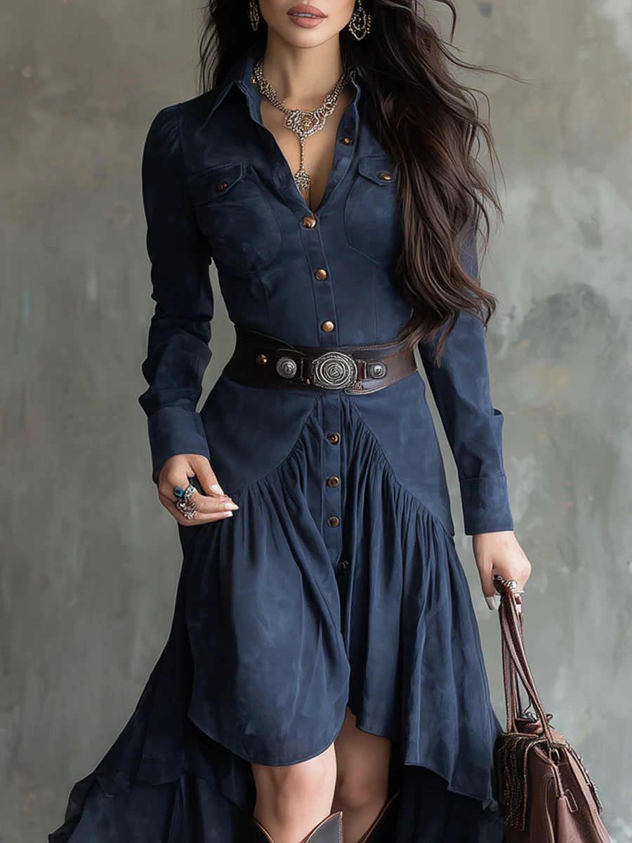 Robe midi fluide asymétrique à poche et col boutonné bleu rétro