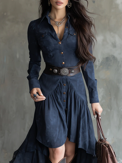 Robe midi fluide asymétrique à poche et col boutonné bleu rétro
