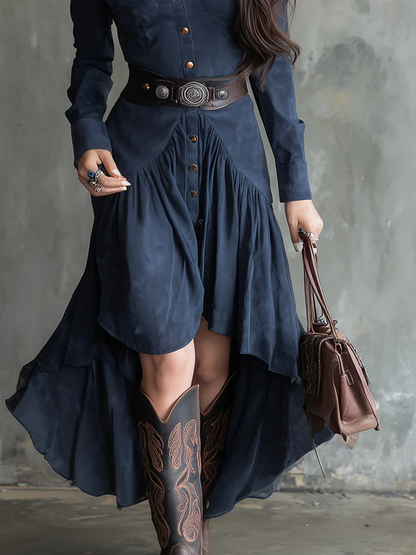 Robe midi fluide asymétrique à poche et col boutonné bleu rétro