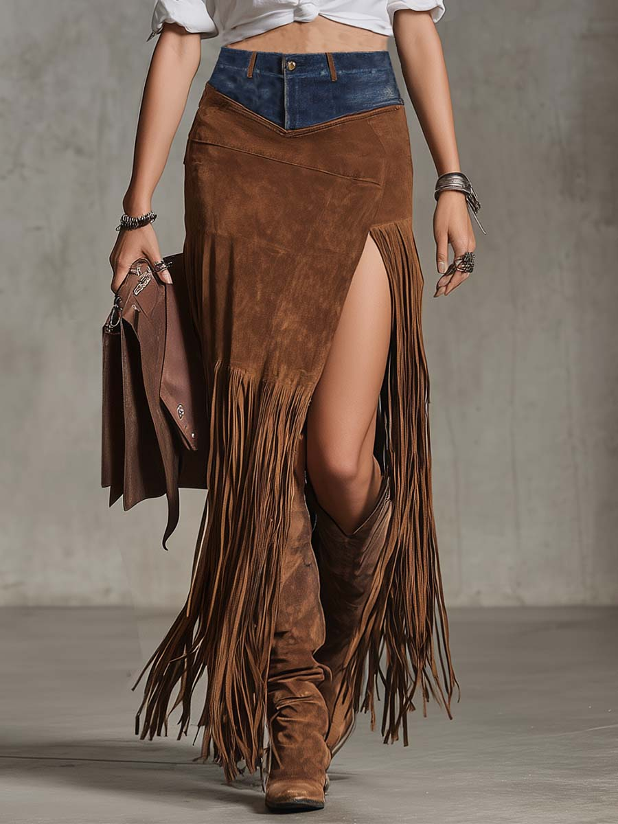 Jupe midi en daim synthétique irrégulier avec bordure à franges en denim