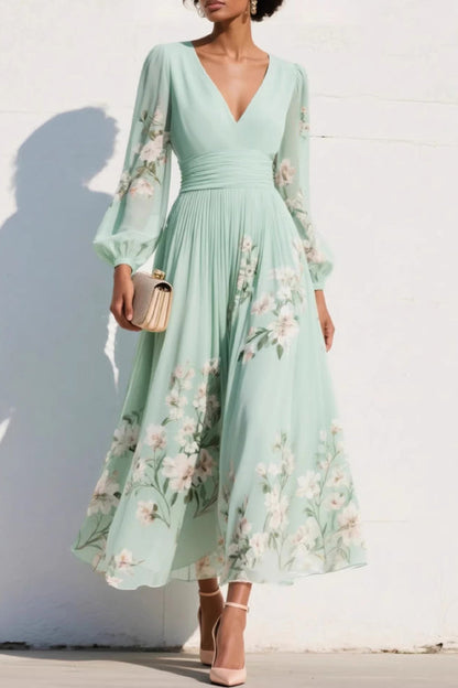 Robe longue décontractée à imprimé floral, col en V et manches longues