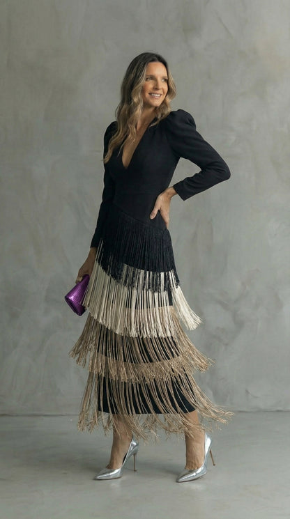 Robe midi élégante avec manches à franges