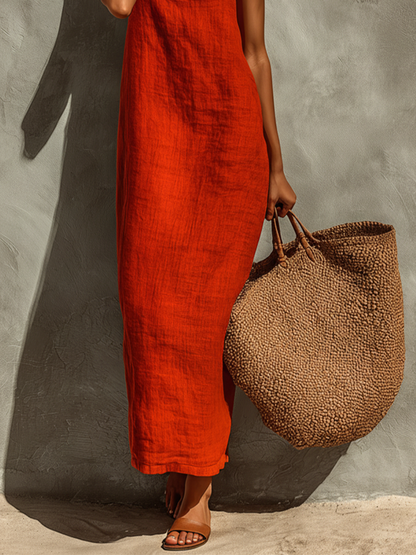 Robe en Coton Rouge avec Bretelles Fines et Col Carré, Robe de Style Intemporelle