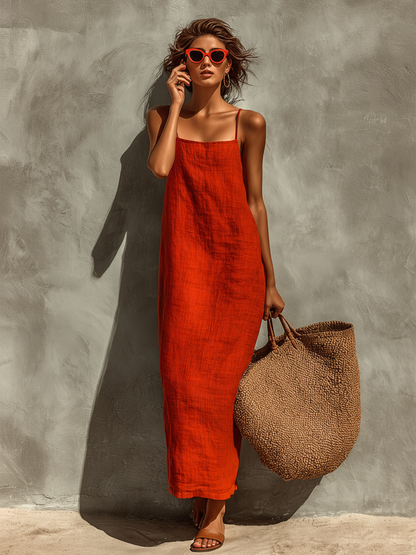 Robe en Coton Rouge avec Bretelles Fines et Col Carré, Robe de Style Intemporelle