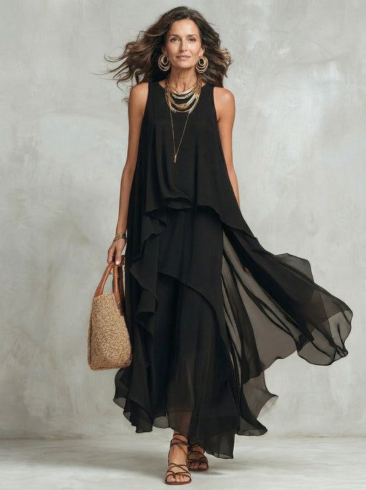 Robe longue sans manches en mousseline de soie noire avec col rond superposé