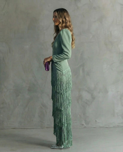 Robe midi élégante avec manches à franges