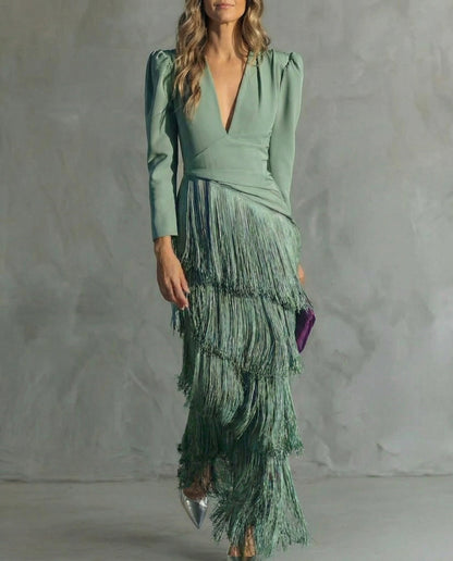 Robe midi élégante avec manches à franges