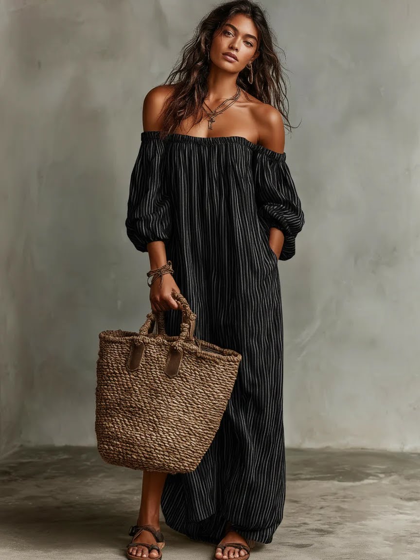 Robe maxi en mélange coton-lin à épaules dénudées et manches longues