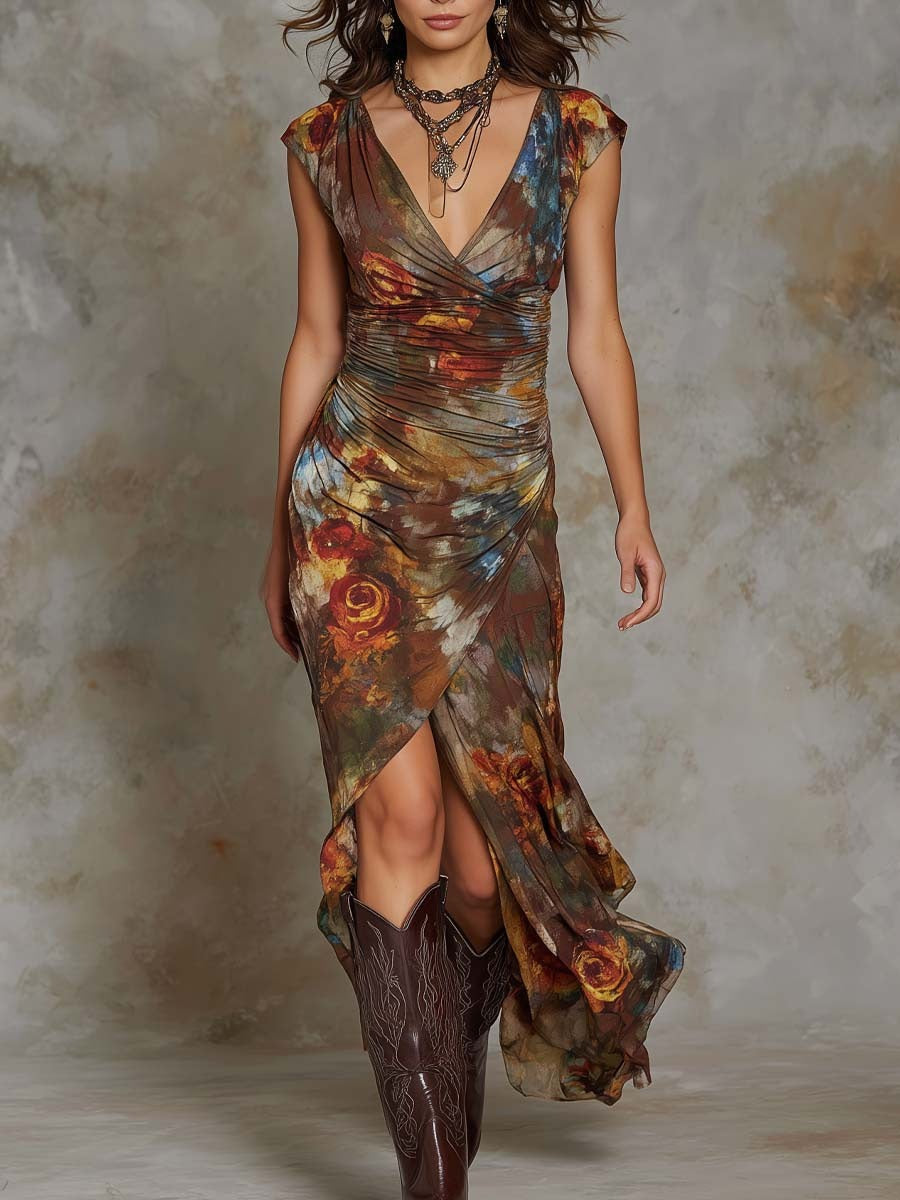 Robe midi plissée à col en V et imprimé floral
