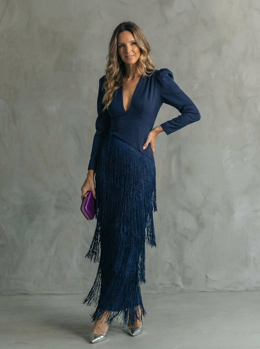 Robe midi élégante avec manches à franges