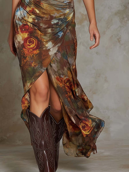 Robe midi plissée à col en V et imprimé floral