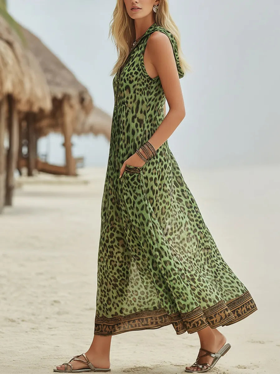 Robe Mi-Longue Décontractée À Capuche Imprimé Léopard Vert