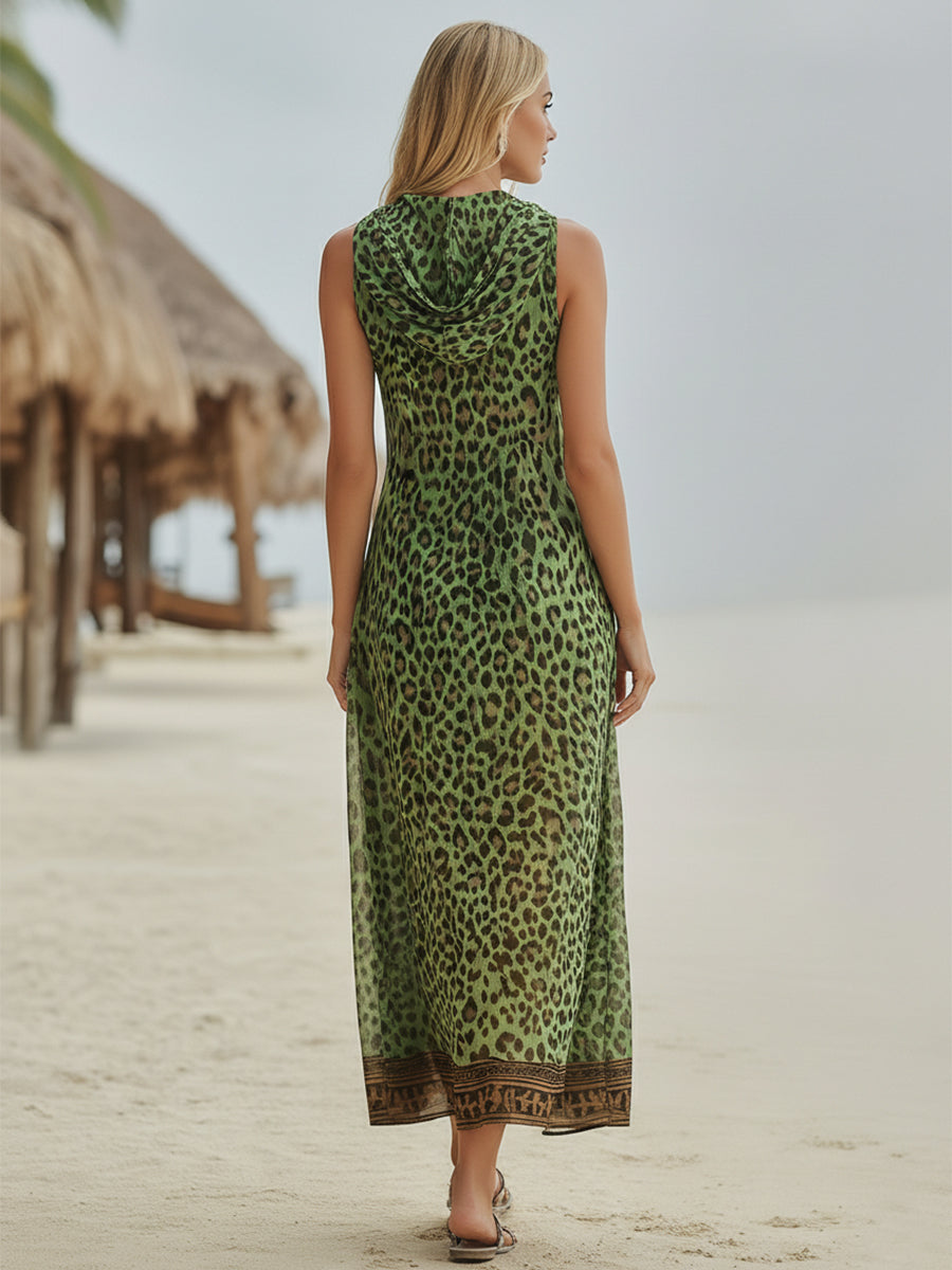 Robe Mi-Longue Décontractée À Capuche Imprimé Léopard Vert