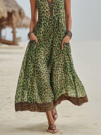 Robe Mi-Longue Décontractée À Capuche Imprimé Léopard Vert