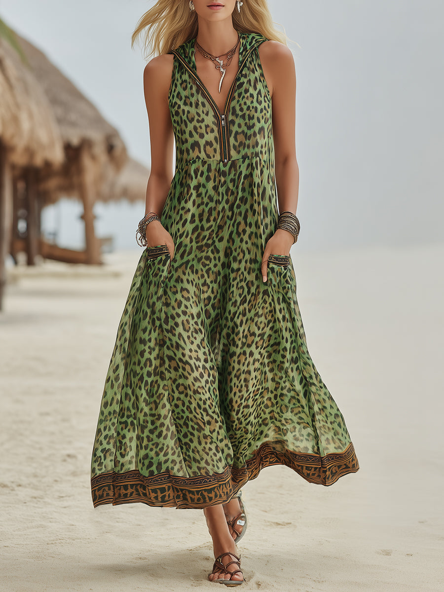 Robe Mi-Longue Décontractée À Capuche Imprimé Léopard Vert