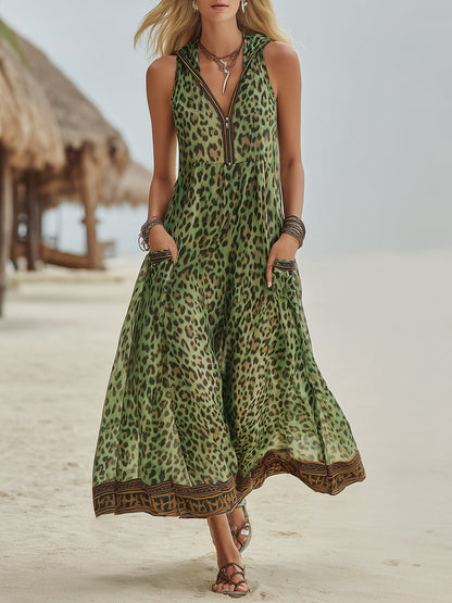Robe Mi-Longue Décontractée À Capuche Imprimé Léopard Vert