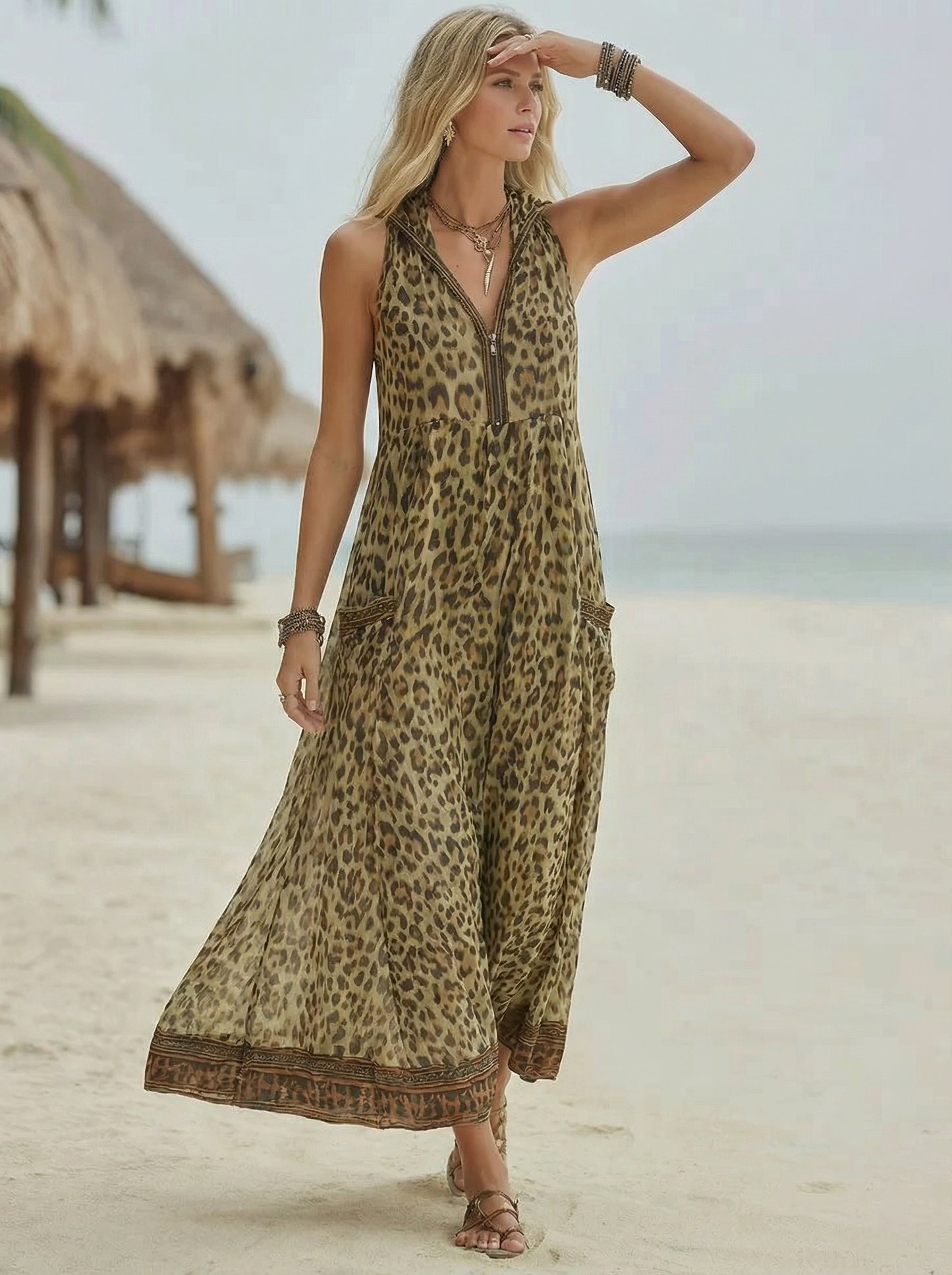 Robe Mi-Longue Décontractée À Capuche Imprimé Léopard Vert