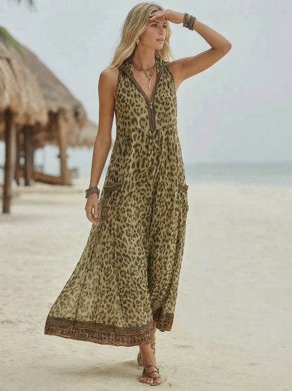 Robe Mi-Longue Décontractée À Capuche Imprimé Léopard Vert